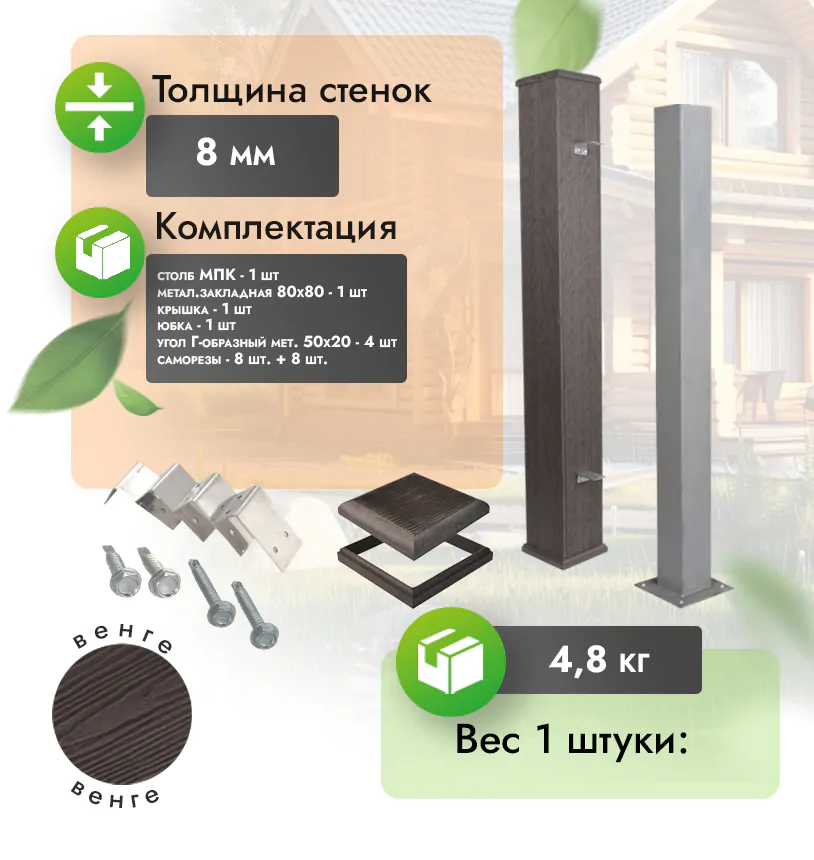 Готовый комплект столба из МПК 120х120 мм (высота 1 метр) - Венге